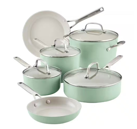 KitchenAid 10-Piece Hard Anodized Ceramic Nonstick Cookware Set in Pistachio